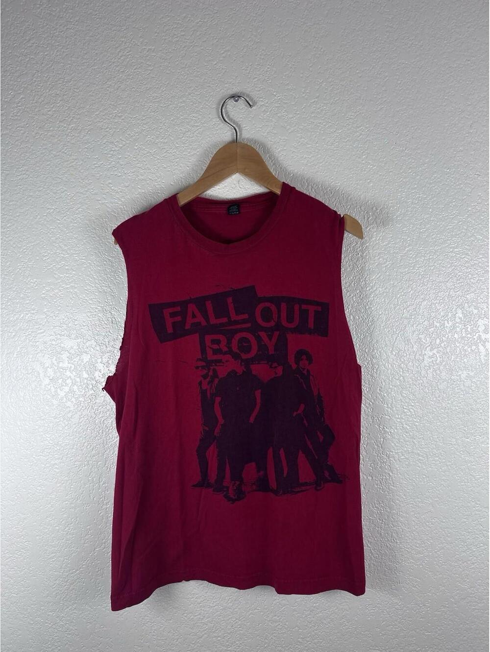 Fall Out Boy Sleeveless T Shirt Mens Medium Red Band Tee Cut Off Punk Rock
